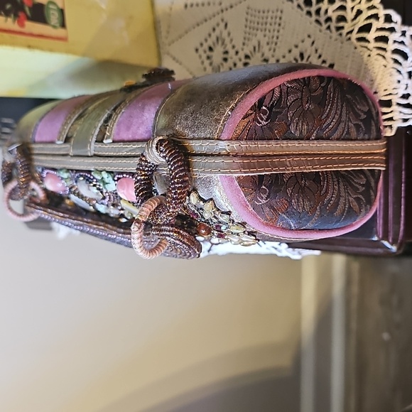 Vintage Mary Frances Stone Embellished Pink and Brown Women's Evening Clutch - Picture 7 of 16